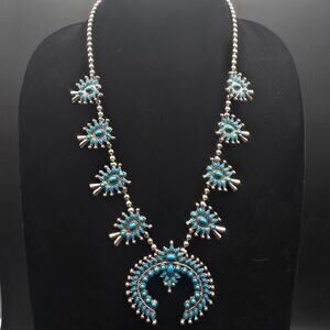 Vintage Faux Turquoise Squash Blossom Necklace 1970s Costume Jewelry